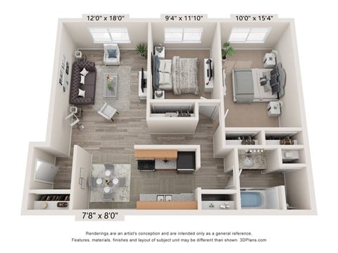 Floor plan for 2 beds, 1 bath, 875 sqft